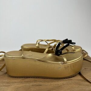 Womens Molly Goddard Gold Amalia Leather Platform Strappy Bow Sandals Size 9 M